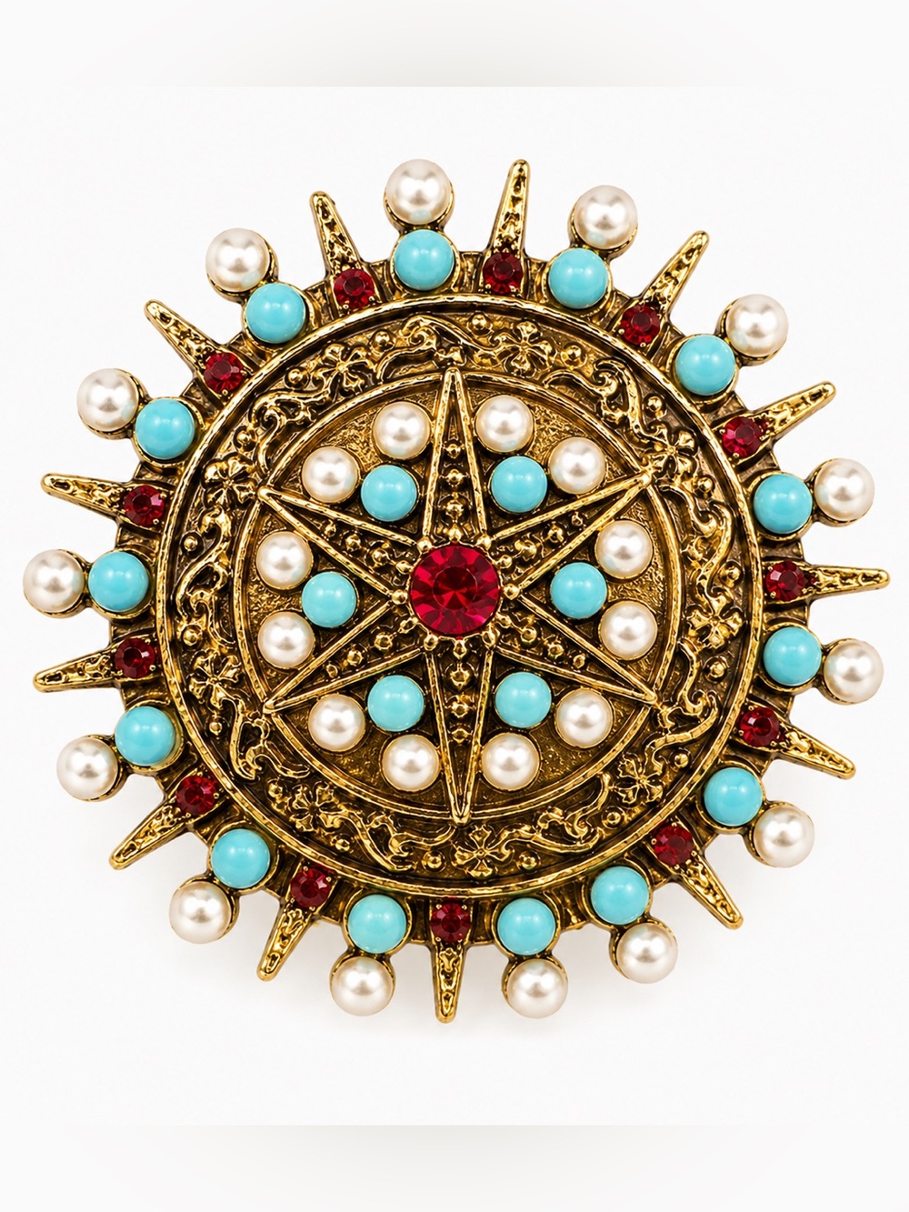 Gold-Tone‎ Sunburst Statement Brooch with Turquoise, Pearl & Red Accents
